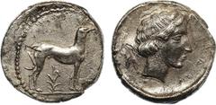 ANCIENT COINS, GREEK COINS, Sicily, Motya (c.412-410 BC), Silver Didrachm, 8.3g. Hound standing right, plant below. Rev. female facing head right, branch with four leaves behind (cf Jenkins 20/18 (O11
