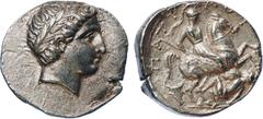 ANCIENT COINS, GREEK COINS, Kingdom of Paeonia, Patraos (340-315 BC), Silver Tetradrachm, 12.74g, 12h. Youthful head facing right, laureate. Rev. Π ATP-AOY , Paeonian horseman galloping right, wearing