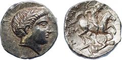 ANCIENT COINS, GREEK COINS, Kingdom of Paeonia, Patraos (340-315 BC), Silver Tetradrachm, 12.47g, 6h. Youthful head facing right, laureate. Rev. Π ATPAO-Y , Paeonian horseman galloping right, wearing 