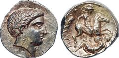 ANCIENT COINS, GREEK COINS, Kingdom of Paeonia, Patraos (340-315 BC), Silver Tetradrachm, 12.56g, 9h. Youthful head facing right, laureate. Rev. Π AT-PAOY , Paeonian horseman galloping right, wearing 