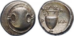 ANCIENT COINS, GREEK COINS, Boiotia, Thebes (c.395-338 BC), Silver Stater, 12.24g. Struck c.368-364 BC. Boiotian shield. Rev two leaves on each handle, all within a shallow incuse circle (BCD 537; Hep