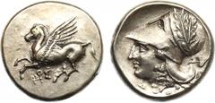 ANCIENT COINS, GREEK COINS, Corinth (c.375-300 BC), Silver Stater, 7.7g. Pegasos flying left, Koppa and  below. Rev. Helmeted head of Athena facing left, bowl of helmet decorated with laurel wreath, 