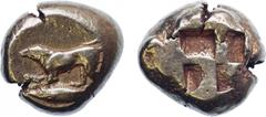 ANCIENT COINS, GREEK COINS, Mysia, Kyzikos (c.500-460 BC), Electrum Stater, 16.08g. Hound standing left at bay, a tunny-fish below. Rev. Quadripartite incuse square (von Fritze 93, pl. III, 12; Greenw