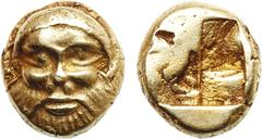 ANCIENT COINS, GREEK COINS, Ionia, Phokaia (c.521-478 BC), Electrum Hekte, 2.57g. Bearded head of Silenos facing. Rev. quadripartite incuse square (Bodenstedt 43 (f/ η ), pl. 45 (these dies)). Good ve