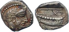 ANCIENT COINS, GREEK COINS, Phoenicia, Arados, Uncertain King (c.380-350 BC), Silver Third Stater, 3.34g, 11h. Head of bearded deity facing right, laureate. Rev. War galley travelling right, waves bel