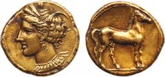 ANCIENT COINS, GREEK COINS, Zeugitana, Carthage (c.310-270 BC), Electrum Stater, 7.29g, 12h. Wreathed head of Tanit facing left, wearing a triple-pendant earring and a necklace. Rev. horse standing ri