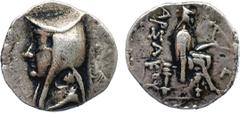 ANCIENT COINS, The David Sellwood Collection of Parthian Coins , Arsaces I (247-211 BC), Silver “mule” Drachm, 4.04g, 11h. Minted at Mithradatkart. Diademed and beardless head left in bashlyk, dotted 