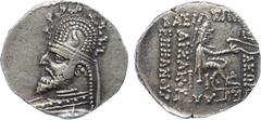 ANCIENT COINS, The David Sellwood Collection of Parthian Coins , Sina truces (93/2-70/69 BC, intermittently), Silver “mule” Drachm, 4.19g, 12h. Minted at Ecbatana or Rhagae. Long bearded bust left in 