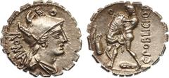 ANCIENT COINS , ROMAN COINS, C. Poblicius Q F (80 BC), Silver Denarius, 3.65g. Mint of Rome. ROMA behind, draped bust of Roma right, wearing Phrygian helmet ornamented with plumes on sides, O above. R