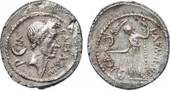 ANCIENT COINS , ROMAN COINS, Juliu s Caesar, Silver Denarius, 3.93g, 6h. Mint of Rome, struck by L. Aemilus Buca, lifetime issue, January to February 44 BC. CAESAR IM – P M , head of Julius Caesar fac