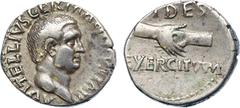 ANCIENT COINS , ROMAN COINS, Vitellius (AD 69), Silver Denarius, 3.53g, 6h. Mint of Tarraco, May – June AD 69. A VITELLIVS GERMANICVS IMP , head facing right. Rev. [ F ] IDES / EXERCITVVM , clasped ri