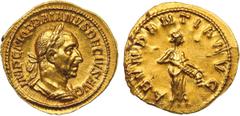 ANCIENT COINS , ROMAN COINS, Trajan Decius (AD 249-251), Gold Aureus, 3.80g. Mint of Rome, AD 249/50. IMP C M Q TRAIANVS DECIVS AVG , laureate and cuirassed bust facing right. Rev. ABVNDANTIA AVG , Ab