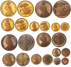WORLD COINS, GREAT BRITAIN Victoria (1837-1901). Proof Set, 1887, Jubilee issue, consisting of 11 coins. Gold Five Pounds, variety without BP in exergue. Gold Two Pounds, Sovereign and Half-Sovereign.