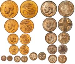WORLD COINS, GREAT BRITAIN George V (1910-1936). Coronation Proof Set, 1911, consisting of 12 coins. Gold Five Pounds, Two Pounds, Sovereign and Half-Sovereign. Silver Halfcrown, Florin, Shilling, Six