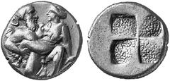 THE FREDERICK M. BAYER COLLECTION OF ANCIENT GREEK COINS ISLANDS OFF THRACE No.: 27 Estimation: $ 850.- d=15 mm THASOS. Drachm, about 435-411. AR 3.50 g. Nude, ithyphallic Silenos, with beard, bald fo