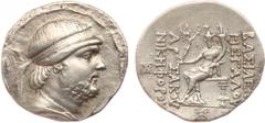 ANCIENT COINS, KINGS OF PARTHIA, Parthian Kingdom. Phraates II (132-127 BC). Silver Tetradrachm, 16.15g, Seleukeia on the Tigris, c.129 BC. Diademed bust of Phraates II right. Rev. Male deity seated l
