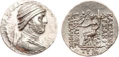 ANCIENT COINS, KINGS OF PARTHIA, Parthian Kingdom. Arsakes X (122/1 BC). Silver Tetradrachm, 16.11g, Seleukeia on the Tigris. Diademed bust of Arsakes X right. Rev. Demeter seated left, holding Nike a