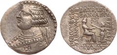 ANCIENT COINS, KINGS OF PARTHIA, Parthian Kingdom. Orodes II (57-38 BC). Billon Tetradrachm, 15.59g, Seleukeia on the Tigris. Diademed bust of Orodes II left. Rev. King seated right, before him, Tyche