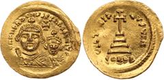 ANCIENT COINS, BYZANTINE, Heraclius (AD 610-641). Gold Solidus, 4.52g, u ncertain eastern military mint, c. 613-616. [d]d NN hERACLI X S E t hRA CONST P , crowned and draped busts of Heraclius, on lef