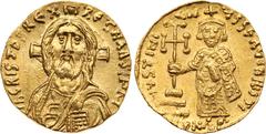 ANCIENT COINS, BYZANTINE, Justinian II (first reign, AD 685-695). Gold Solidus, 4.38g, Constantinople, 692-695. Ih CRISTOS REX REGNANTI X M , bust of Christ facing, raising hand in benediction and hol