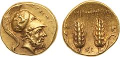 ANCIENT COINS, ANCIENT GREEK, Lucania, Metapontum (c.330-320 BC). Gold ⅓ -Stater, 2.79g, 1h. Λ EYKI ΠΠ O Σ , bearded head of Leukippos facing right, wearing a crested Corinthian helmet, the bowl adorn