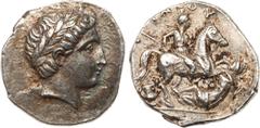 ANCIENT COINS, ANCIENT GREEK, Kingdom of Paeonia, Patraos (340-315 BC). Silver Tetradrachm, 13.06g, 7h. Youthful, laureate head facing right. Rev. ΠATP-AOY (P retrograde), Paeonian horseman galloping 