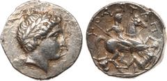 ANCIENT COINS, ANCIENT GREEK, Kingdom of Paeonia, Patraos (340-315 BC). Silver Tetradrachm, 12.48g, 11h. Youthful, laureate head facing right. Rev. ΠATPA-O-Y , Paeonian horseman galloping right, weari