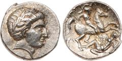 ANCIENT COINS, ANCIENT GREEK, Kingdom of Paeonia, Patraos (340-315 BC). Silver Tetradrachm, 12.53g, 9h. Youthful, laureate head facing right. Rev. ΠATPAO-Y , Paeonian horseman galloping right, wearing