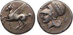 ANCIENT COINS, ANCIENT GREEK, Corinth (c.375-300 BC). Silver Stater, 8.52g, 6h. Pegasos flying left, koppa below. Rev. Head of Athena facing left, wearing a Corinthian helmet decorated with a laurel-w