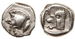 ANCIENT COINS, ANCIENT GREEK, Mysia, Kyzikos (525-475 BC). Silver Drachm, 4.84g, 9h. Forepart of wild boar left, line of beads with tunny vertically behind. Rev. Lion’s head facing left, its mouth ope