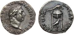ANCIENT COINS, ROMAN, Vitellius (AD 69). Silver Denarius, 3.29g, 7h. Mint of Rome. A VITELLIVS GERM IMP AVG TR P , laureate head facing right. Rev. XV VIR SACR FAC , a tripod-lebes surmounted by a dol