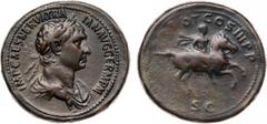 ANCIENT COINS, ROMAN, Trajan (AD 98-117). Æ Proto-Medallion, 35.29g, 6h. IMP CAES NERVA TRAIAN AVG GERM P M , laureate and draped bust facing right. Rev. TR POT COS III P P , Trajan galloping on horse