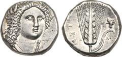 Ancient Coins, ANCIENT GREEK COINS Lucania, Metapontion. Silver Nomos (7.81 g), ca. 330-290 BC. Head of Demeter facing slightly right, wreathed with barley; in right field, AG. Rev. META, barley ear w