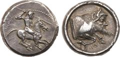 Ancient Coins, ANCIENT GREEK COINS Sicily, Gela. Silver Didrachm (8.70 g), ca. 490/85-480/75 BC. Nude warrior on horseback galloping right, preparing to hurl javelin. Rev. CELAS, forepart of man-heade