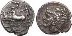 Ancient Coins, ANCIENT GREEK COINS Sicily, Kamarina. Silver Tetradrachm (16.92 g), ca. 425-405 BC. Athena driving galloping quadriga left; above, Nike flying right, crowning Athena with wreath; in exe