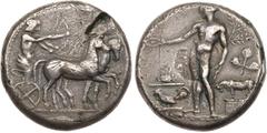 Ancient Coins, ANCIENT GREEK COINS Sicily, Selinos. Silver Tetradrachm (15.56 g), ca. 450-440 BC. [SELINONTION], Artemis, holding reins, driving quadriga left; beside her, Apollo standing, drawing bow