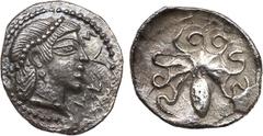 Ancient Coins, ANCIENT GREEK COINS Sicily, Syracuse. Deinomenid Tyranny. Silver Litra (0.70 g), 485-466 BC. Under Hieron I, ca. 470-466 BC. SVRA (R retrograde), Diademed head of Arethusa right. Rev. O