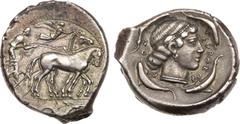 Ancient Coins, ANCIENT GREEK COINS Sicily, Syracuse. Second Democracy. Silver Tetradrachm (17.10 g), 466-405 BC. Ca. 450 BC. Charioteer, holding kentron and reins, driving slow quadriga right; above, 