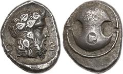 Ancient Coins, ANCIENT GREEK COINS Boiotia, Thebes. Silver Stater (11.99 g), ca. 425-395 BC. Boiotian shield; c/m: ivy leaf. Rev. Q-E, bearded head of Dionysos right, wreathed with ivy; all within con