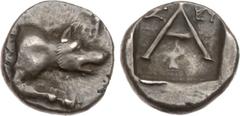 Ancient Coins, ANCIENT GREEK COINS Argolis, Argos. Silver Triobol (2.34 g), ca. 125-80 BC. Forepart of a wolf at bay right. Rev. Large A; across upper field, Z-EY; below, eagle standing right on heta;