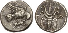 Ancient Coins, ANCIENT GREEK COINS Elis, Olympia. 134th-143rd Olympiads. Silver Drachm (4.81 g), ca. 244-208 BC. Eagle flying right, devouring hare held in talons. Rev. F-A across field., Thunderbolt 
