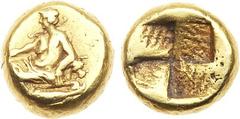 Ancient Coins, ANCIENT GREEK COINS Mysia, Kyzikos. Electrum 1/12 Stater (1.28 g), 5th-4th centuries BC. Youthful Dionysos reclining left on panther’s skin draped over rock, holding kantharos; below, t