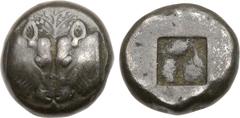 Ancient Coins, ANCIENT GREEK COINS Lesbos, Unattributed early mint. BI Stater (11.00 g), 5th century BC. Persic standard. Olive tree between confronted cow heads. Rev. Small incuse square punch. (SNG 