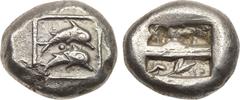 Ancient Coins, ANCIENT GREEK COINS Caria, Uncertain mint. Silver Stater (13.96 g), ca. 500-490 BC. Two dolphins leaping right; between, pellet; all within linear square border. Rev. Two rectangular in