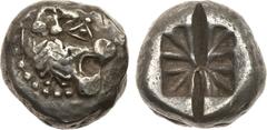 Ancient Coins, ANCIENT GREEK COINS Lycian Dynasts. Pre-dynastic period. Silver Stater (9.18 g), ca. 520-470/60 BC. Lion’s head right. Rev. Incuse square with lines radiating from center. (Falghera App
