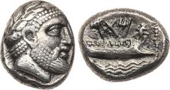 Ancient Coins, ANCIENT GREEK COINS Phoenicia, Arados. Uncertain king. Silver Stater (10.41 g), ca. 348/7-339/8. Laureate head of Ba‘al-Arwad right. Rev. ‘MAB’ above, galley with Pataikos right; three 