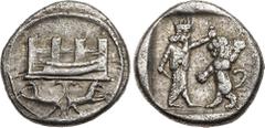 Ancient Coins, ANCIENT GREEK COINS Phoenicia, Sidon. Time of Baalshallim I-Ba’ana. Silver ½ Shekel (6.69 g), ca. 425-402 BC. City wall with four towers before which a Phoenician galley left; below, tw