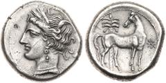 Ancient Coins, ANCIENT GREEK COINS Zeugitania, Carthage. Silver Shekel (7.74 g), ca. 300 BC. Wreathed head of Tanit left. Rev. Horse standing right before palm tree, head turned to look back; in right