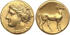 Ancient Coins, ANCIENT GREEK COINS Zeugitania, Carthage. Electrum Stater (7.40 g), ca. 290-270 BC. Wreathed head of Tanit left. Rev. Horse standing right on ground-line. (Jenkins & Lewis grp. VII, 365