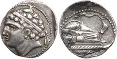 Ancient Coins, ANCIENT GREEK COINS Iberia, Punic issues. Silver Shekel (7.28 g), ca. 237-209 BC. Diademed male head (Hasdrubal?) left. Rev. Prow of galley right, with shield on deck and wreathed forep
